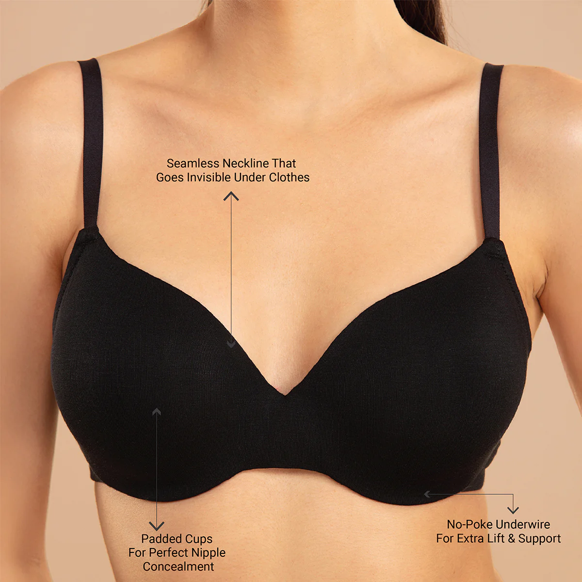 Nykd by Nykaa Super Soft Luxe Modal Padded Cushioned Wire T-Shirt Bra NYB218 Black - Image 3