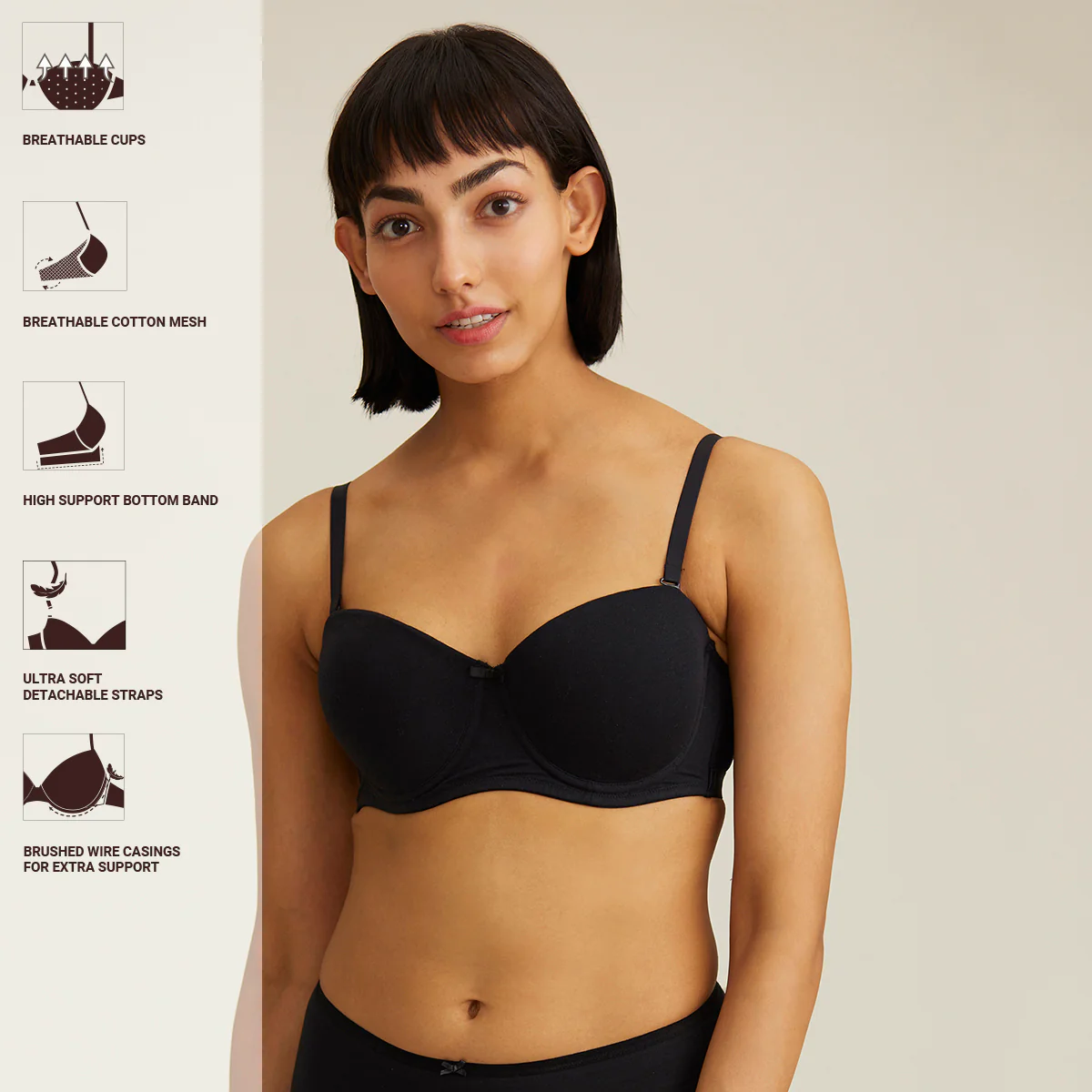 Breathe Cotton Padded wired Strapless bra Medium coverage-NYB004-Black - Image 4