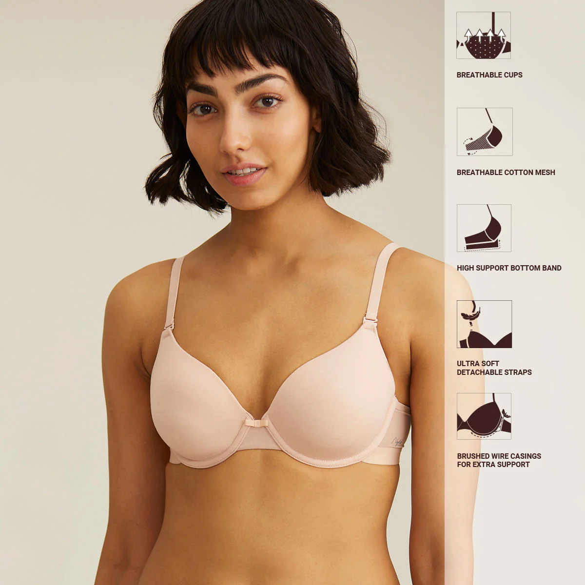 Breathe Cotton Padded wired T-shirt bra 3/4th coverage-NYB001-Nude - Image 3