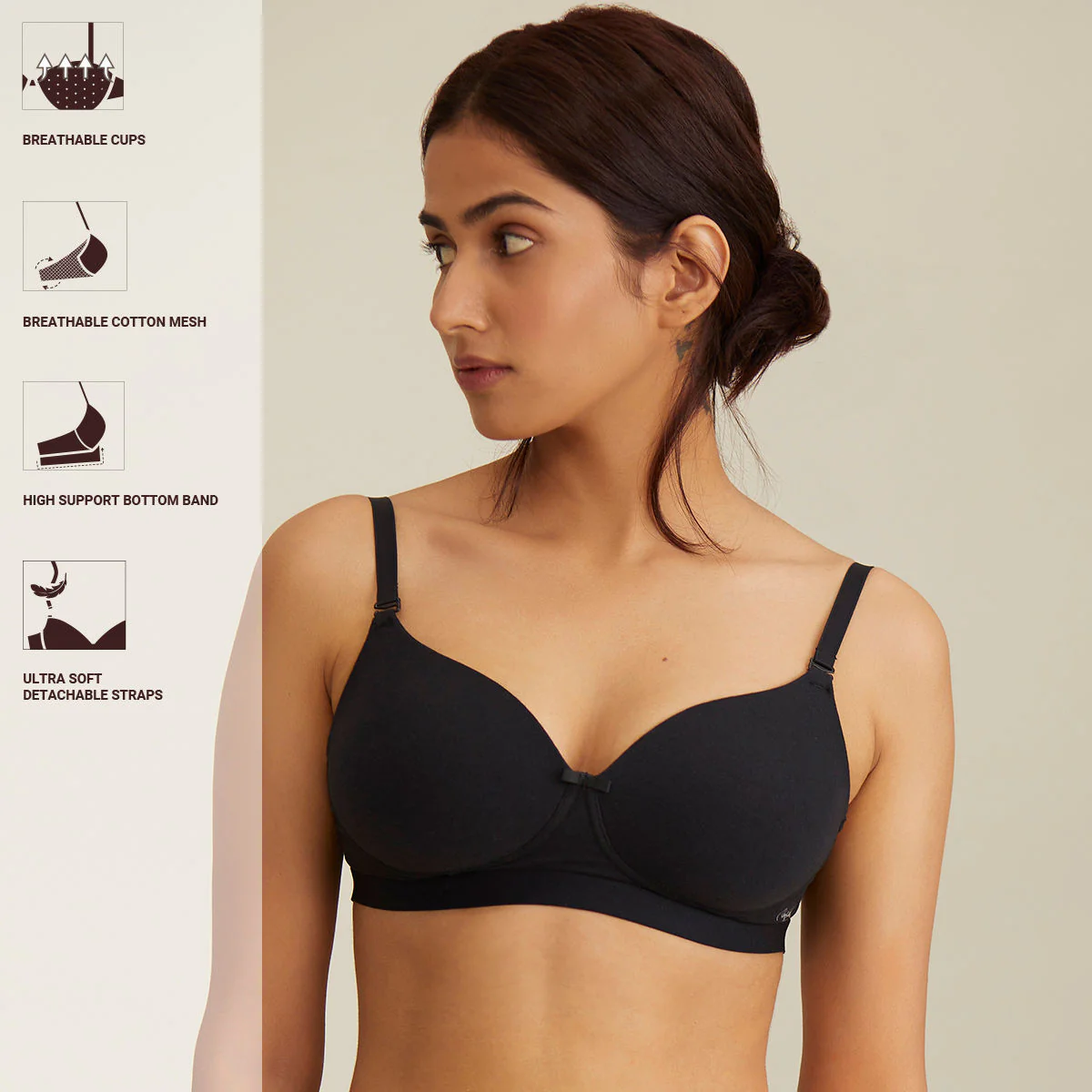 Nykd by Nykaa Breathe Cotton Transparent Back Padded Non Wired T-Shirt Bra NYB007 Black - Image 3