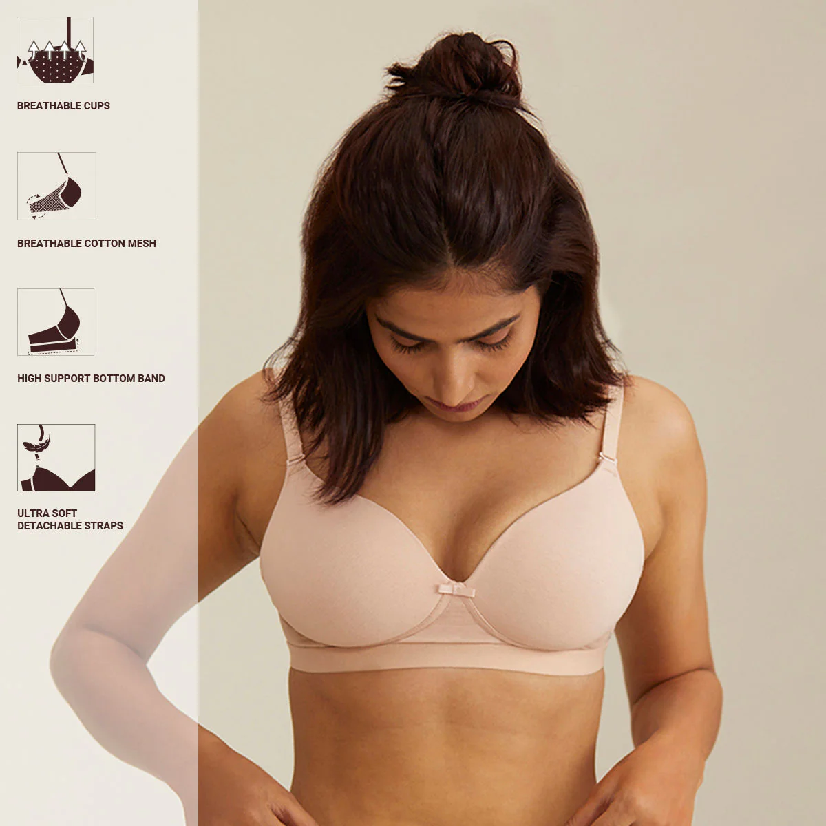 Nykd by Nykaa Breathe Cotton Transparent Back Padded Non Wired T-Shirt Bra NYB007 Nude - Image 3