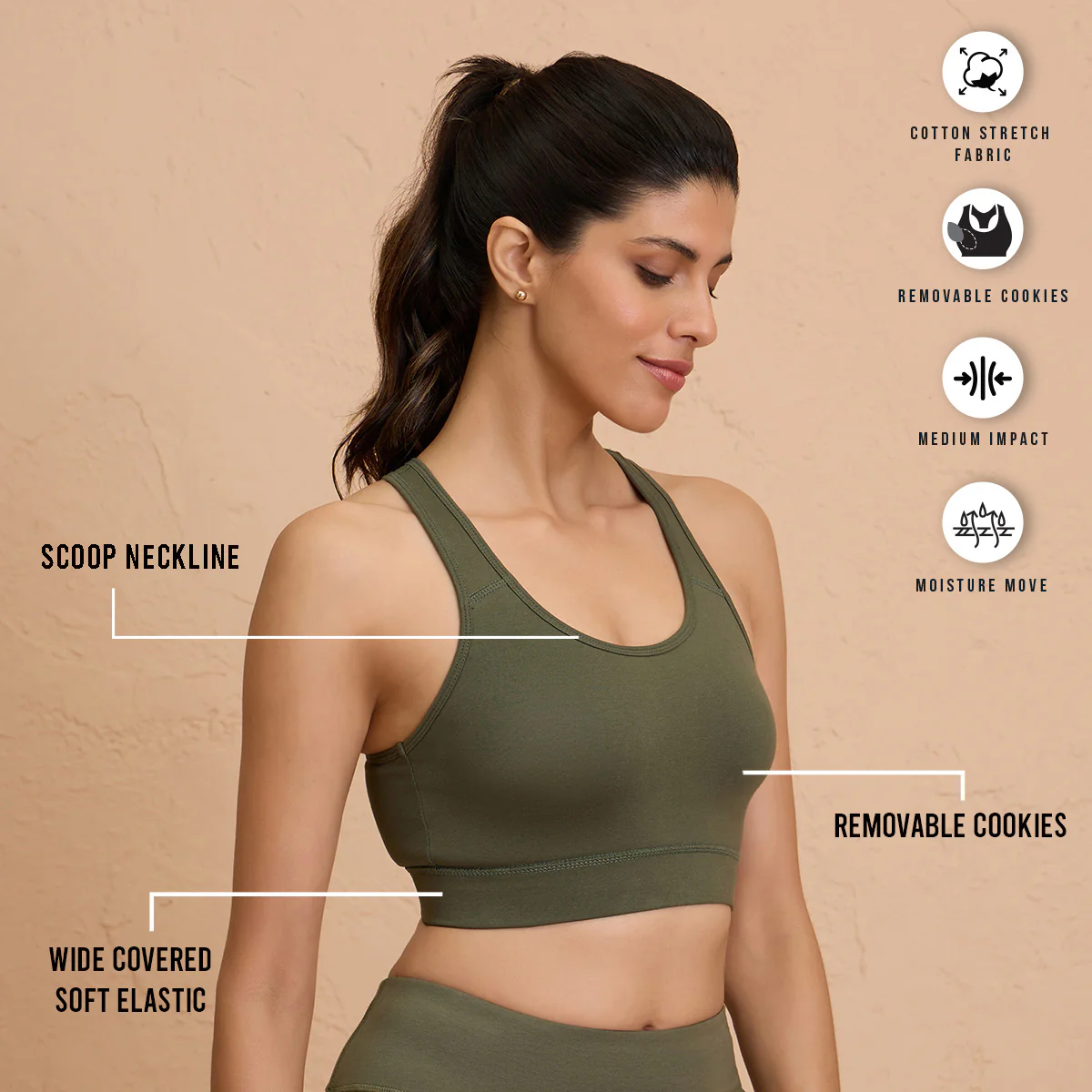 Nykd By Nykaa Cotton Stretch Slip On Sports Bra with Removable Cups NYK059 Beetle Green - Image 3