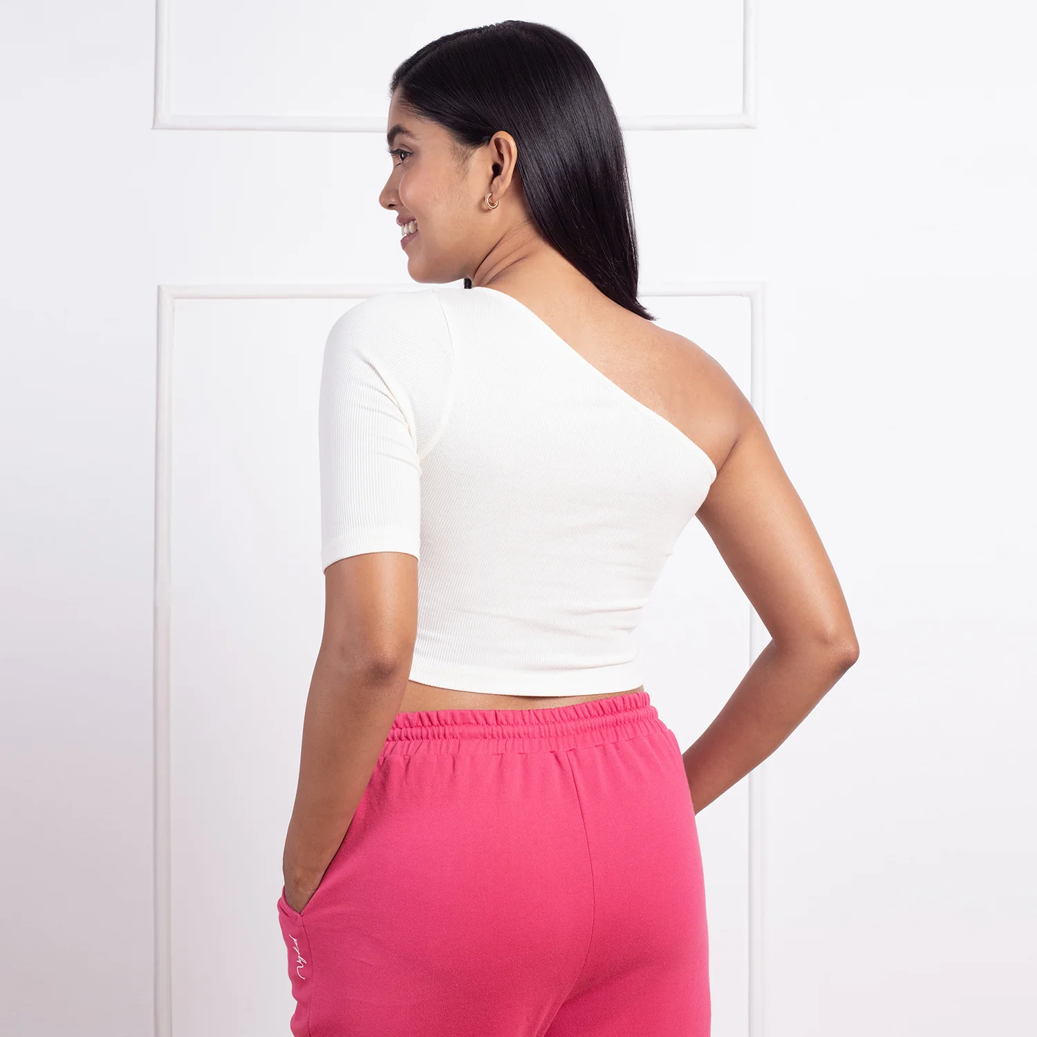 Nykd All Day One Shoulder Trendy Ribbed Crop Top-NYOE09-Cannoli Cream - Image 3