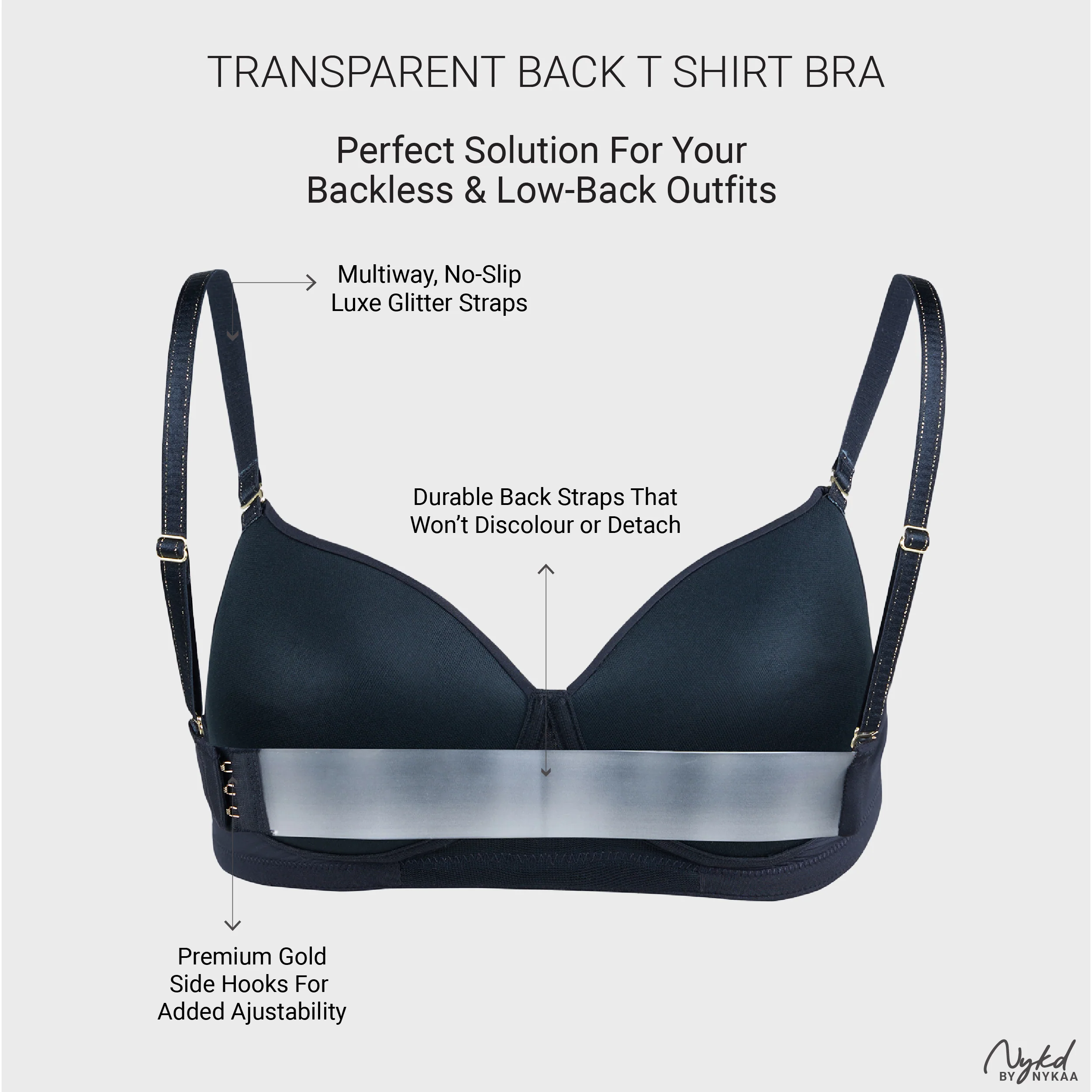 Nykd by Nykaa Multiway Luxe Transparent Back 3/4th Coverage Padded Non Wired T-Shirt Bra-NYB373-Black - Image 3