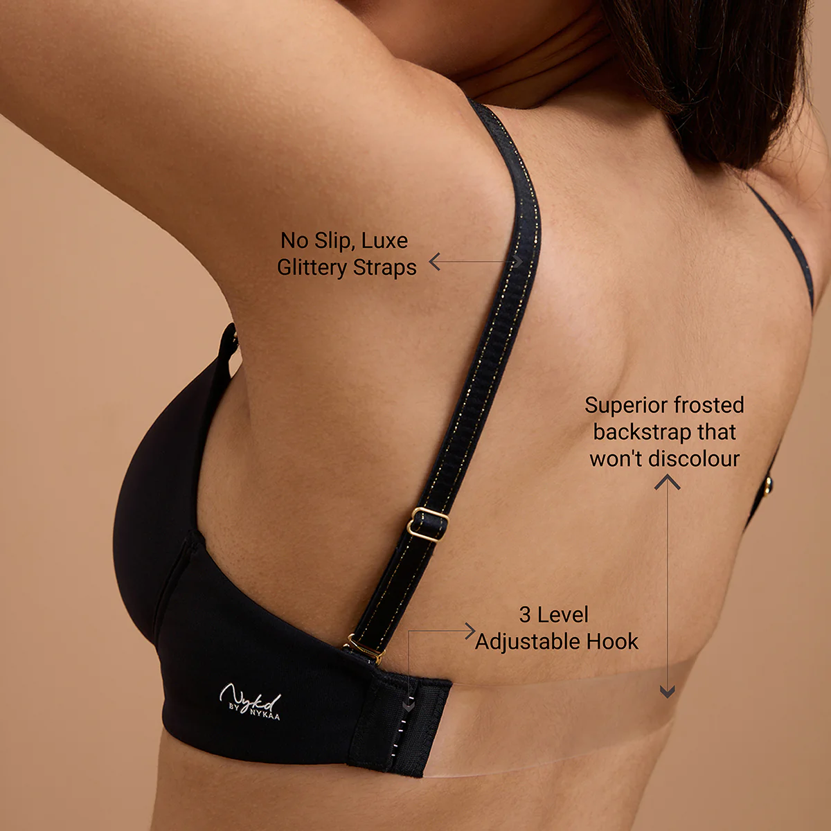 Nykd by Nykaa Multiway Luxe Transparent Back 3/4th Coverage Padded Non Wired T-Shirt Bra-NYB373-Black - Image 4