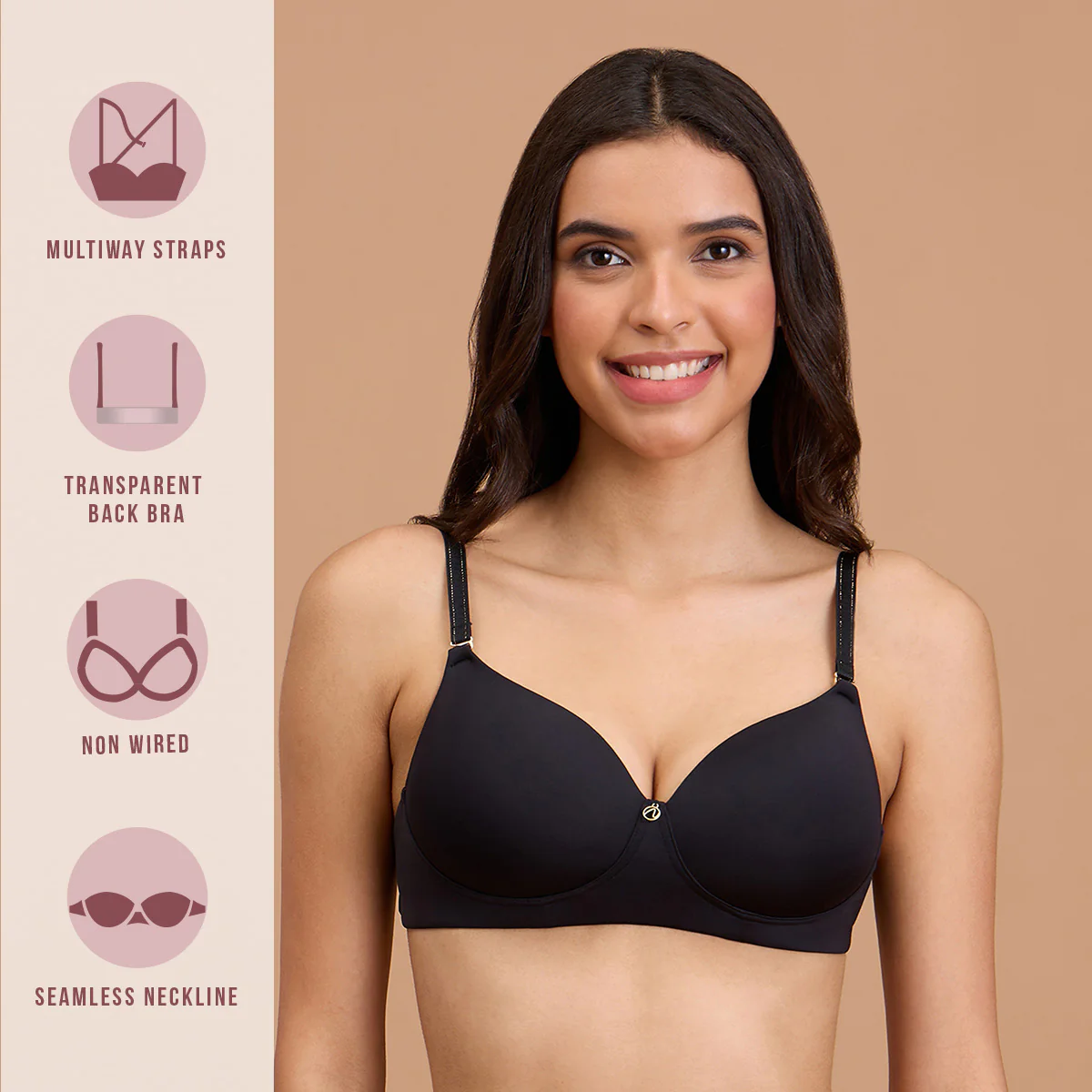 Nykd by Nykaa Multiway Luxe Transparent Back 3/4th Coverage Padded Non Wired T-Shirt Bra-NYB373-Black - Image 5