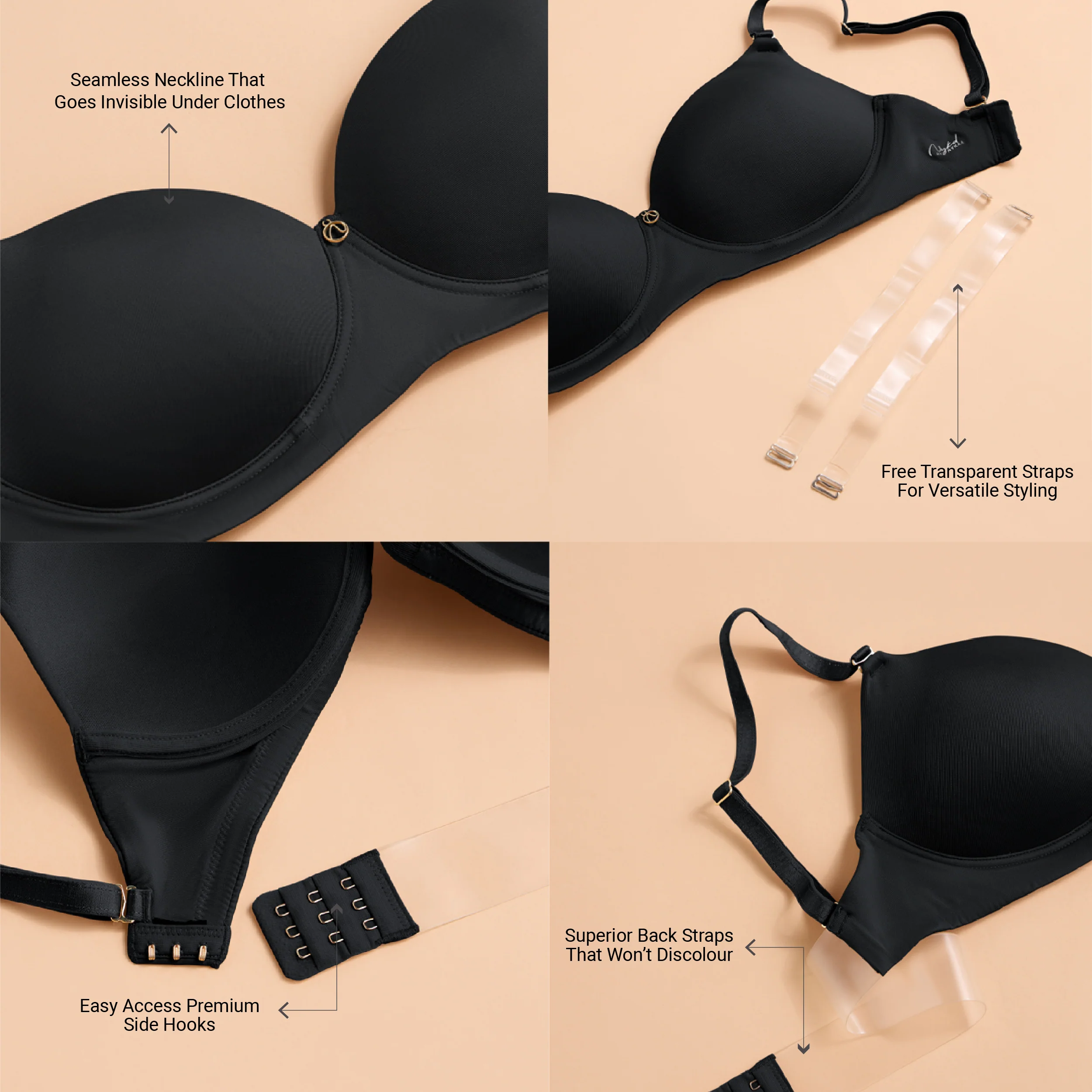 Nykd by Nykaa Multiway Luxe Transparent Back 3/4th Coverage Padded Non Wired T-Shirt Bra-NYB373-Black - Image 9